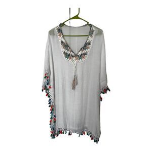 Milana Fashion White Cotton Blend Color Tassel /crochet Swim Cover  L/XL